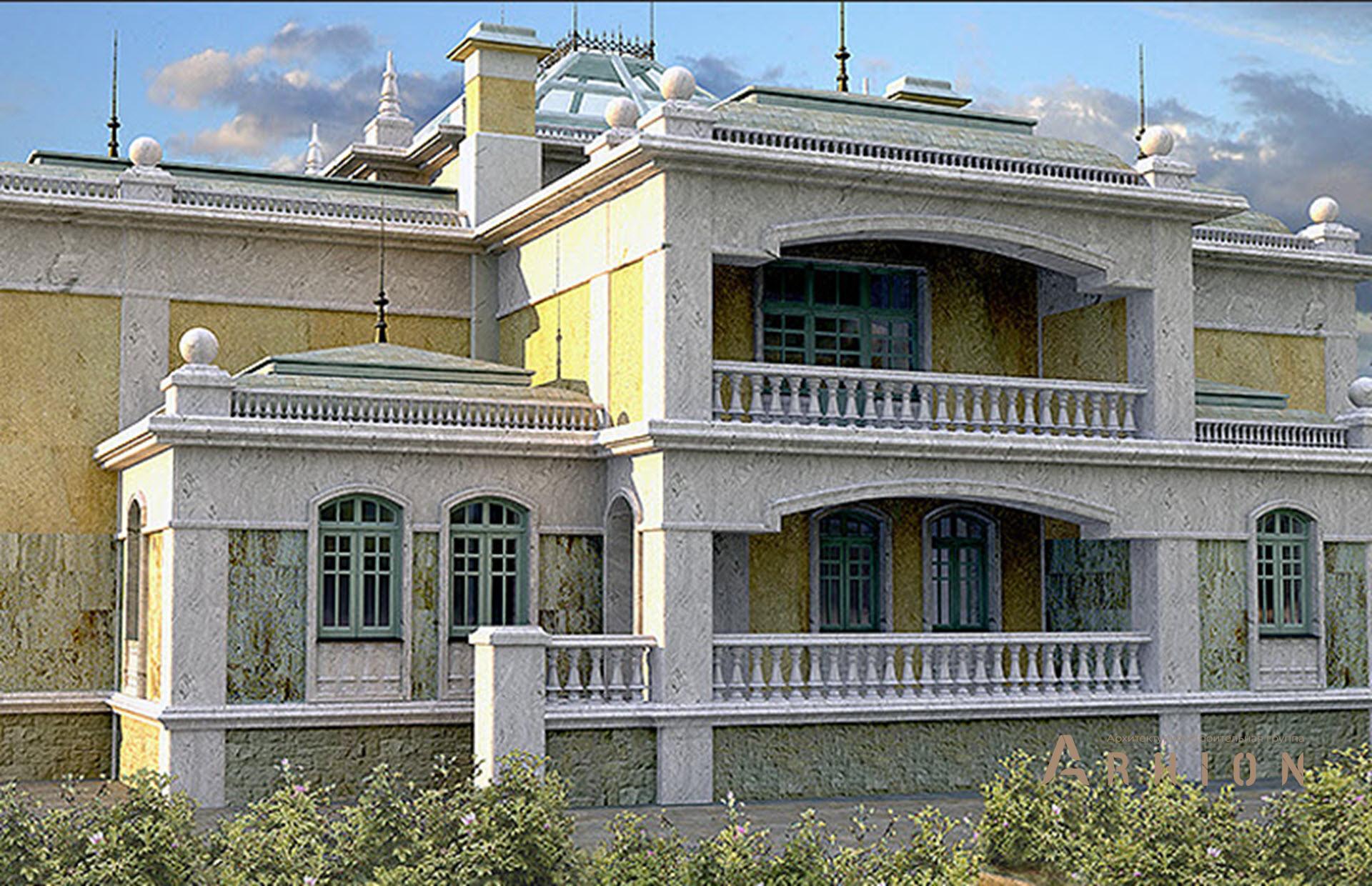 2. Проект двухэтажного дома в дворцовом стиле с многоскатной кровлей, SOV-7, площадью - 1141 кв c цокольным этажом, терассой, балконом, эркером